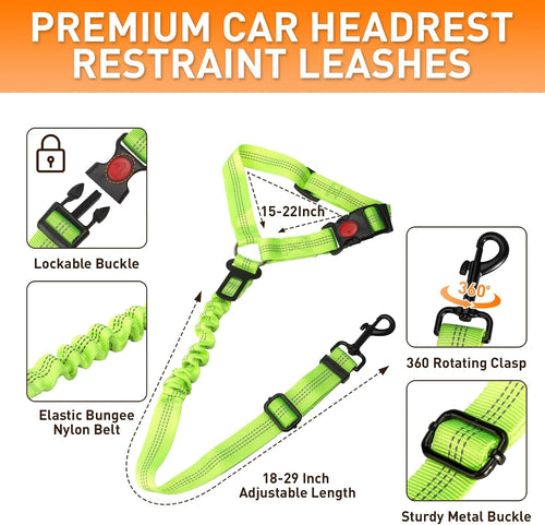 2 Packs Dog Seat Belt for Car,Adjustable 4-In-1 Dog Car Seatbelt Lead with Hook & Buckle,Elastic Bungee Reflective Vehicle Car Headrest Restraint Tether for Small Medium Large Dogs Pet (Green)