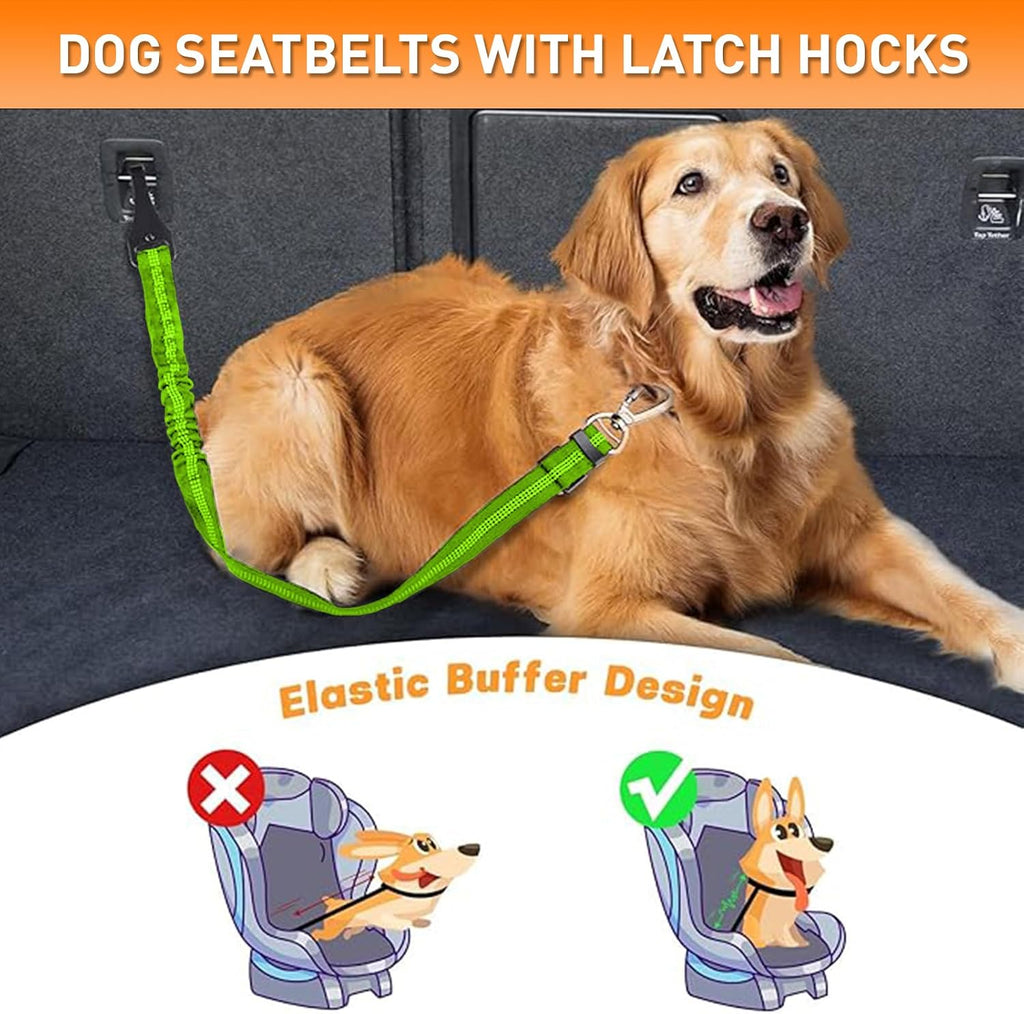 2 Packs Dog Seat Belt for Car,Adjustable 4-In-1 Dog Car Seatbelt Lead with Hook & Buckle,Elastic Bungee Reflective Vehicle Car Headrest Restraint Tether for Small Medium Large Dogs Pet (Green)