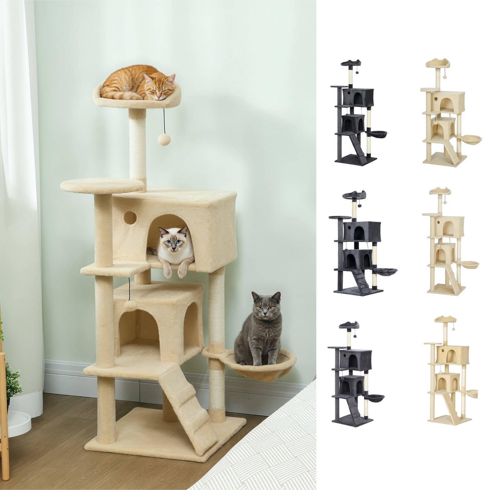 Cat Tree, Large Cat Tower with Sisal Scratching Posts, Cat Houses