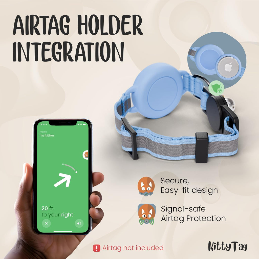 Reflective Airtag Cat Collar with Air Tag Holder and Bell, Quick Release Cat Collar, Compatible with Airtag and Iphone, Safe, Adjustable, and Anti-Choke Apple Airtag Holder for Cats (Blue)