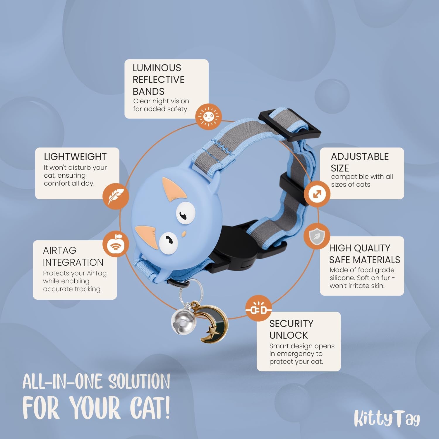 Reflective Airtag Cat Collar with Air Tag Holder and Bell, Quick Release Cat Collar, Compatible with Airtag and Iphone, Safe, Adjustable, and Anti-Choke Apple Airtag Holder for Cats (Blue)