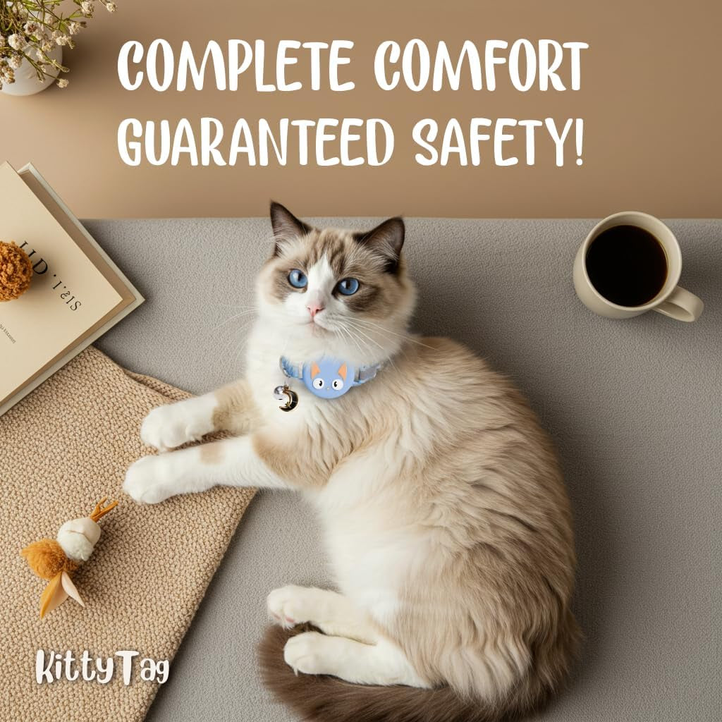 Reflective Airtag Cat Collar with Air Tag Holder and Bell, Quick Release Cat Collar, Compatible with Airtag and Iphone, Safe, Adjustable, and Anti-Choke Apple Airtag Holder for Cats (Blue)