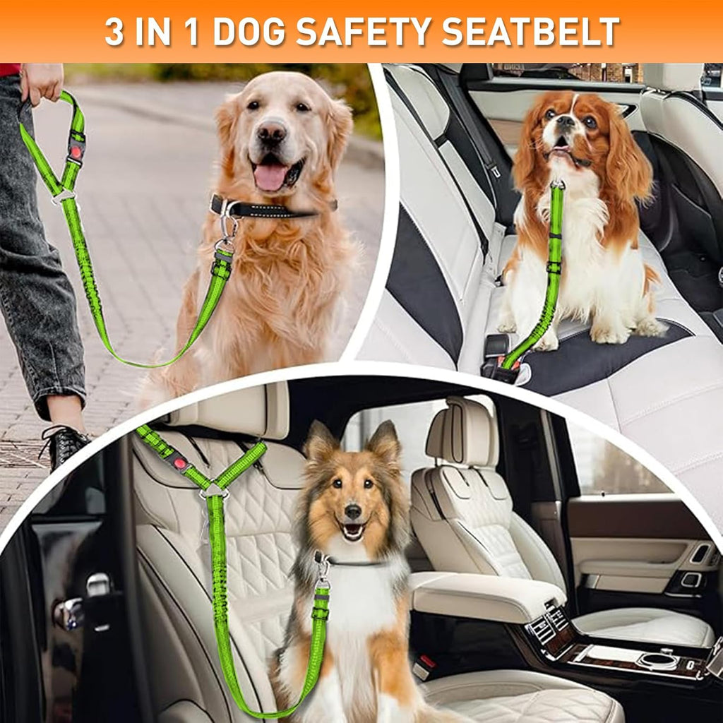 2 Packs Dog Seat Belt for Car,Adjustable 4-In-1 Dog Car Seatbelt Lead with Hook & Buckle,Elastic Bungee Reflective Vehicle Car Headrest Restraint Tether for Small Medium Large Dogs Pet (Green)