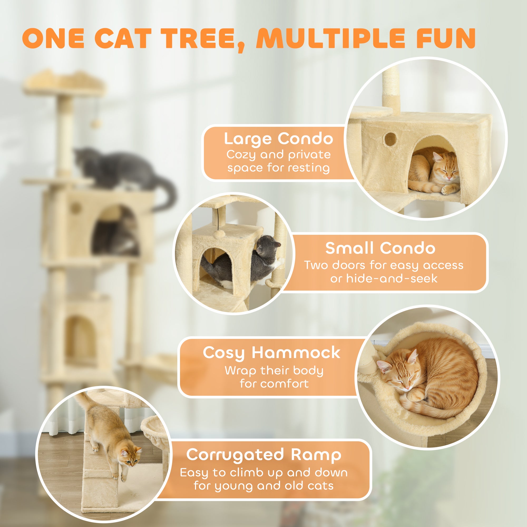 Cat Tree, Large Cat Tower with Sisal Scratching Posts, Cat Houses
