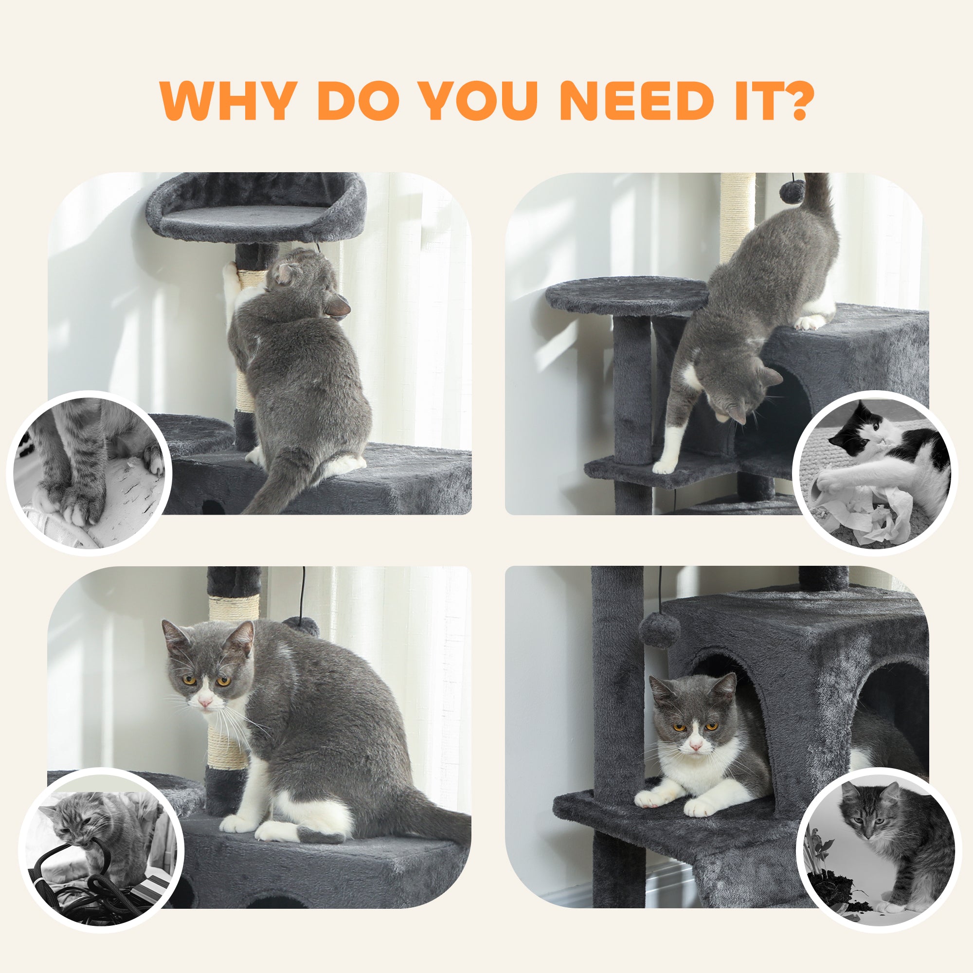 Cat Tree, Large Cat Tower with Sisal Scratching Posts, Cat Houses